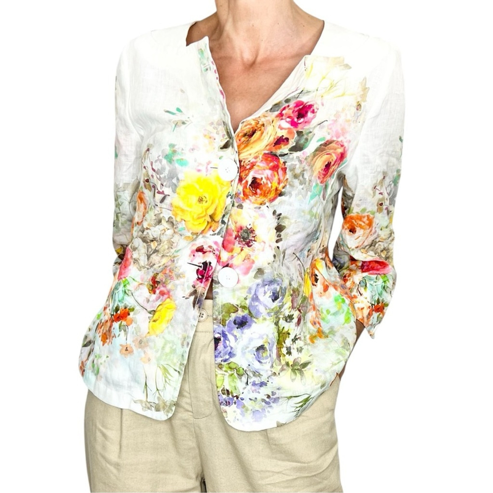 Steilmann Germany 100% linen white colourful floral 3/4 sleeve summer jacket 10